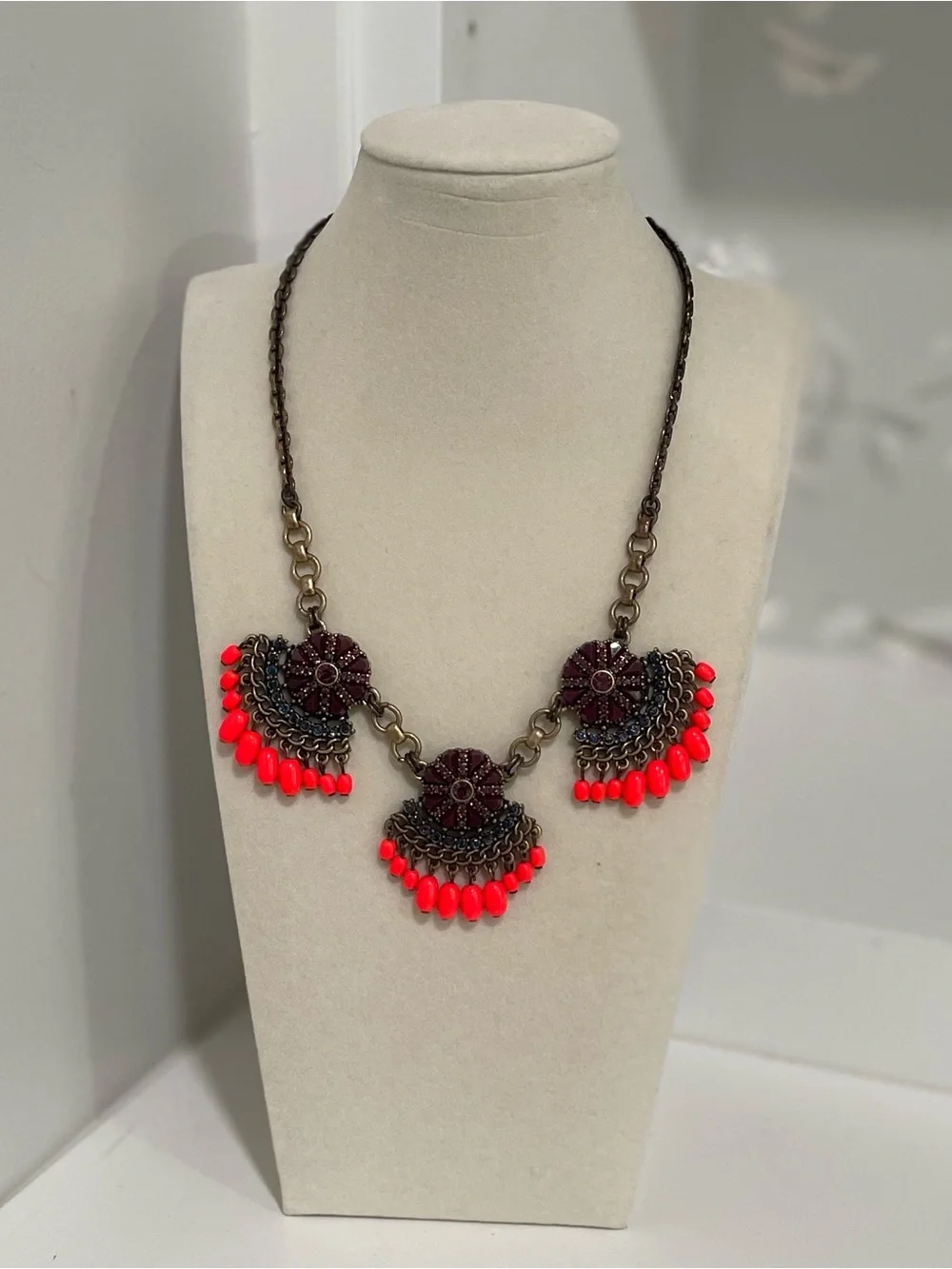 J Crew Statement Purple Blue Neon Coral Floral Necklace Boho Glam Festival